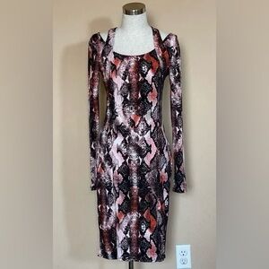 NWT Jennifer Lopez Black Orange Snake Print Cutout Bodycon Stretch Dress Small S